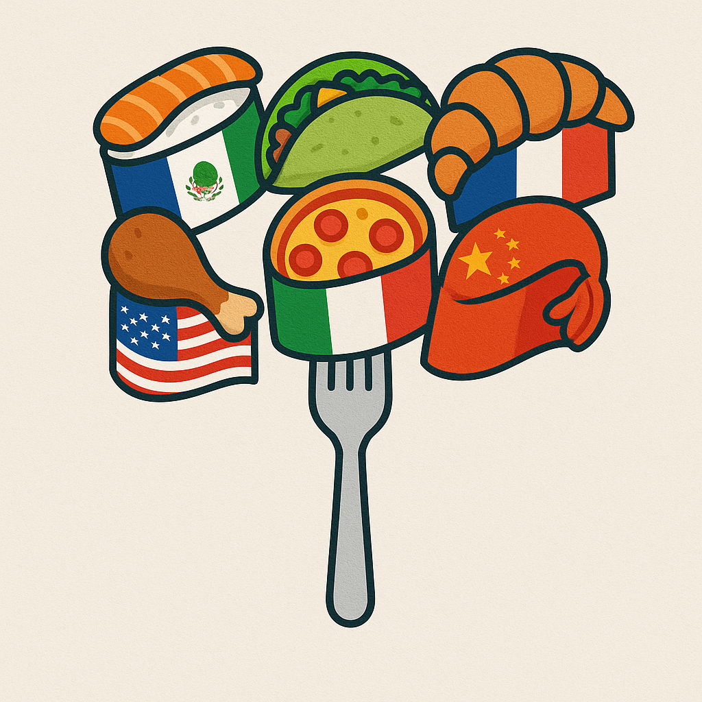 Illustration of international foods on a fork, each wrapped in a different country’s flag.