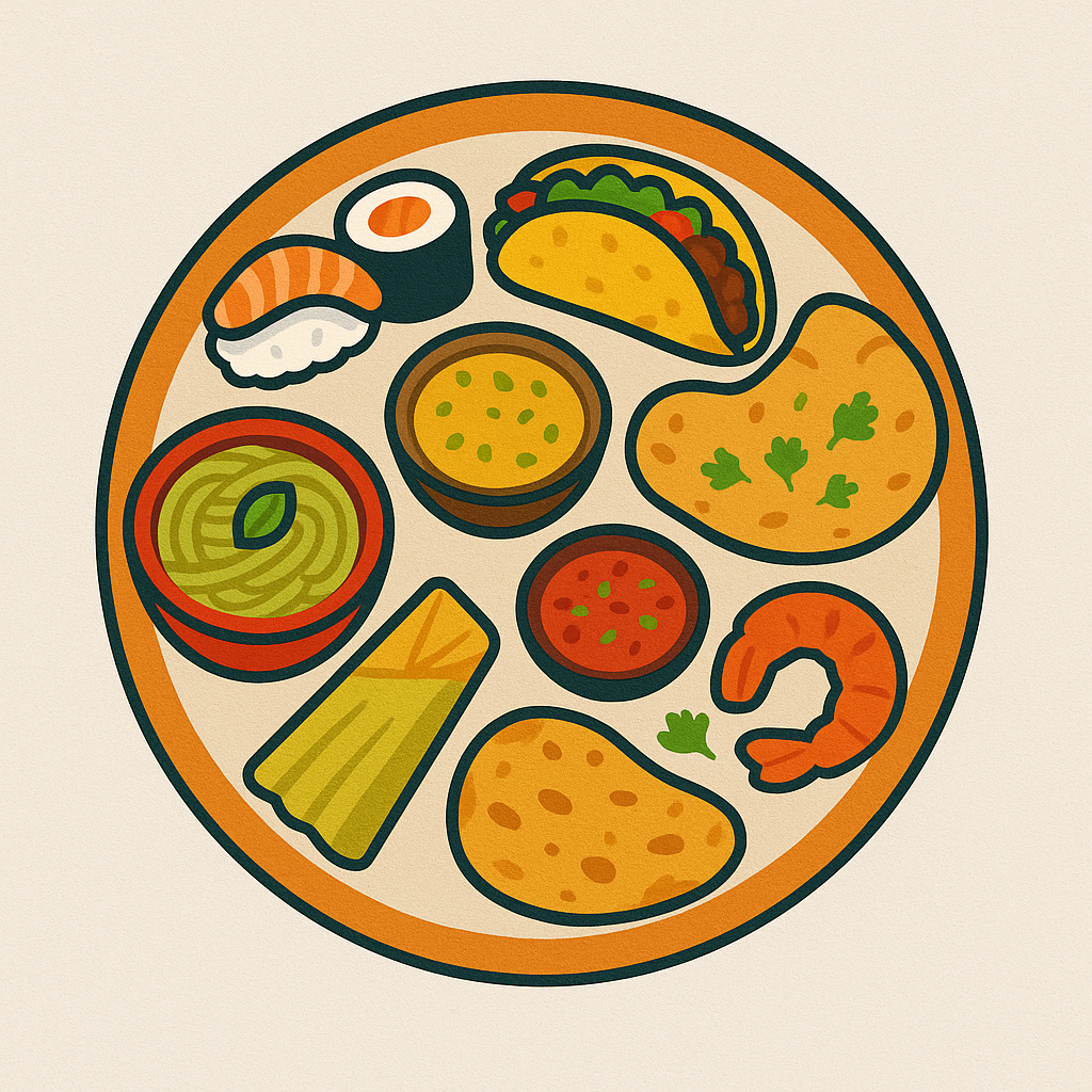 A colorful plate with dishes from various cultures