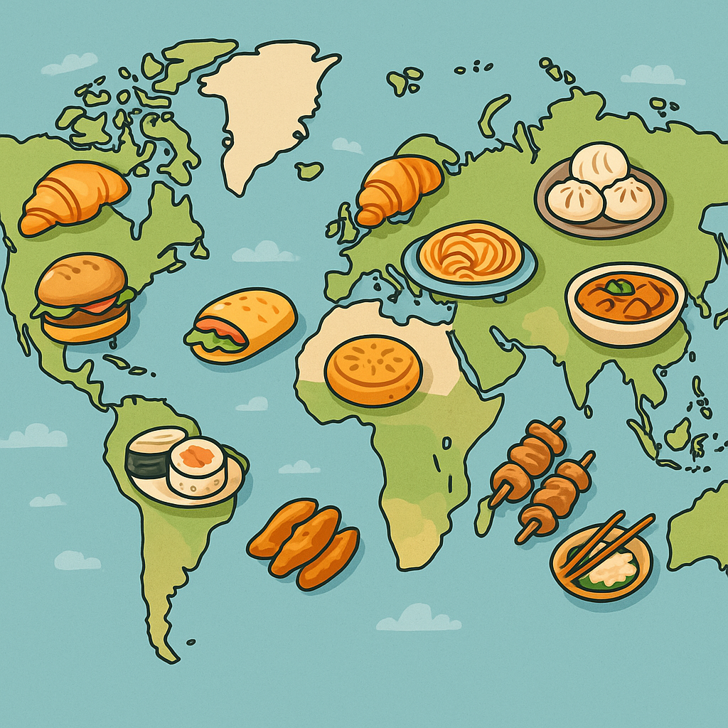 Illustrated world map with food icons like tacos, sushi, croissants, dumplings, and African flatbread placed over their regions of origin.